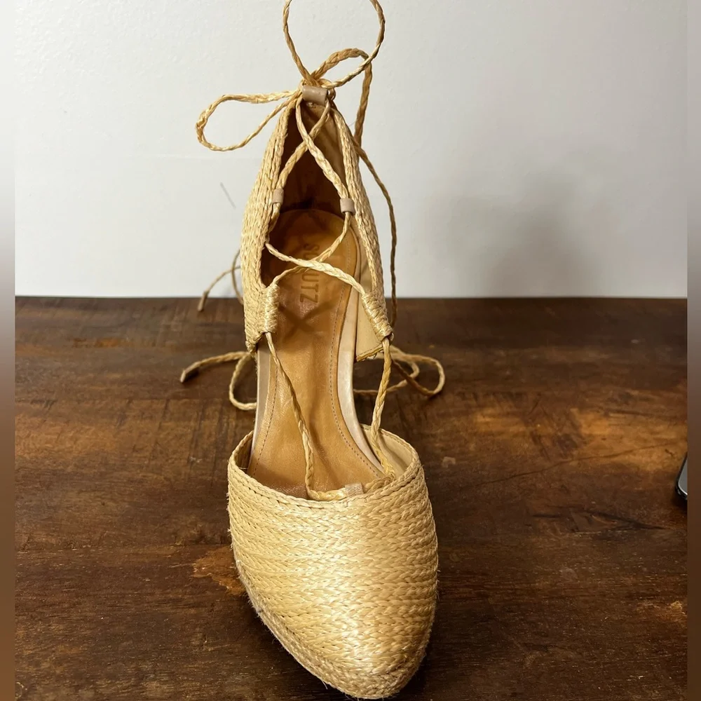 SCHUTZ Cream Espadrille Wedge Sandals with Ankle Tie